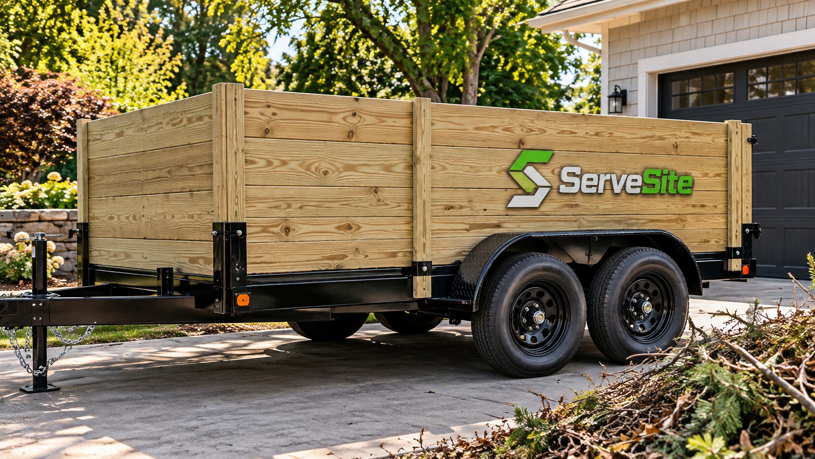 ServeSite open utility trailer with tall, tightly fitted wooden sides for yard debris